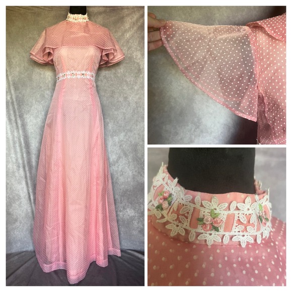 Vtg 50s 60s Pink Maxi Dress S Dotted Swiss Overlay Floral Lace Caped Gown MCM - Picture 1 of 16